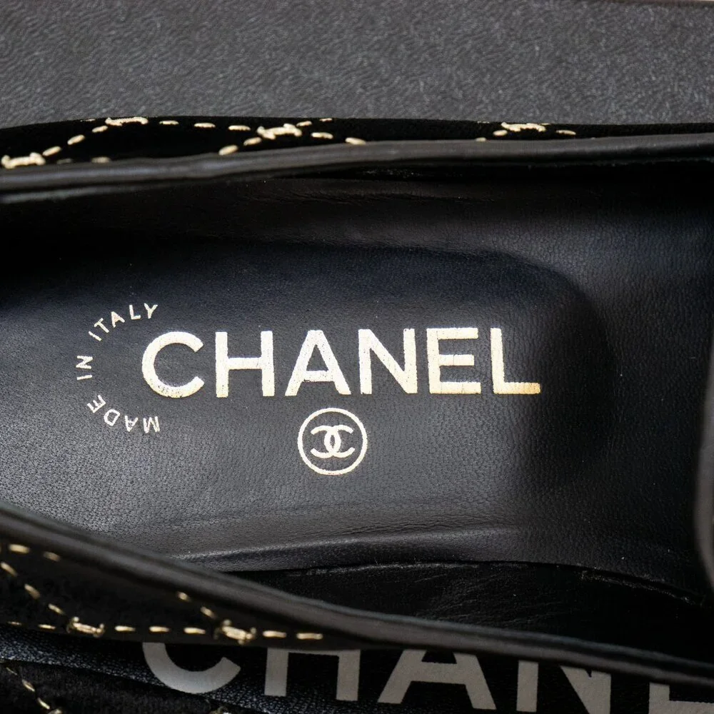 Chanel Black Velvet Diamond CC Patterned Moccasin Loafers | Size 8 | UK 38